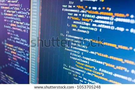 Software source code. Freeware open source project. Developing programming and coding technologies. Software source code. CSS, JavaScript and HTML usage.  Royalty-Free Stock Photo #1053705248