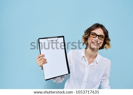  woman smiling, business, folder-tablet                              