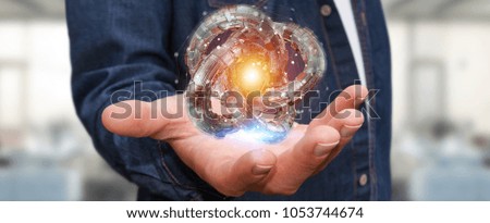 Businessman on blurred background using futuristic torus textured object 3D rendering