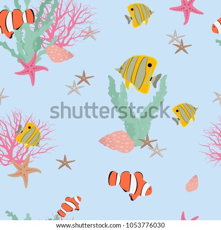 Seamless vector illustration of tropical fish and sea stars on a blue background. For decorating textiles, packaging and wallpaper.