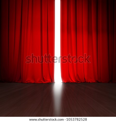 theater red curtain slightly open with bright light behind and wood stage or scene Royalty-Free Stock Photo #1053782528