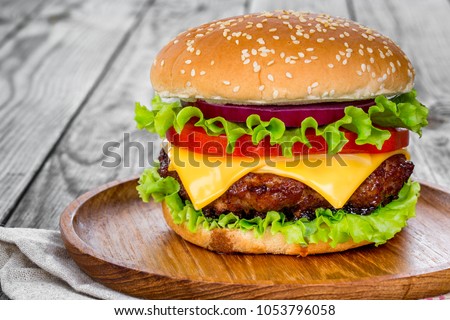 Tasty and appetizing hamburger cheeseburger Royalty-Free Stock Photo #1053796058