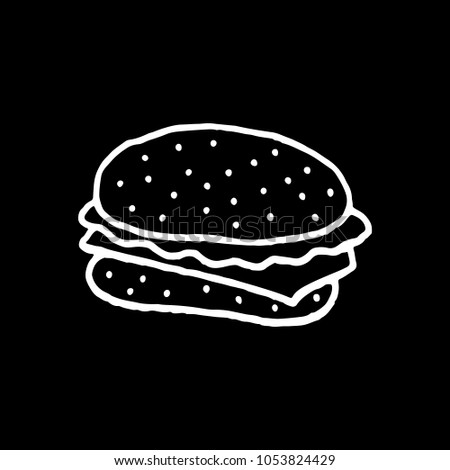 Cute cartoon hand drawn hamburger drawing. Sweet vector black and white hamburger drawing. Isolated monochrome doodle hamburger drawing on black background.
