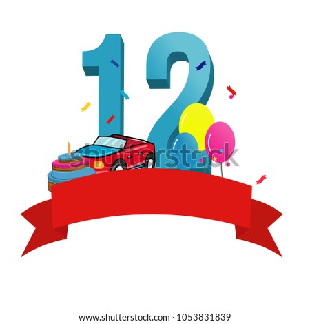 Happy twelfth birthday. Baby boy greeting card with race car, cake and balloons vector illustration