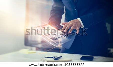 Digital marketing. Businessman using modern interface payments online shopping and icon customer network connection on virtual screen. Business innovation technology concept Royalty-Free Stock Photo #1053868622