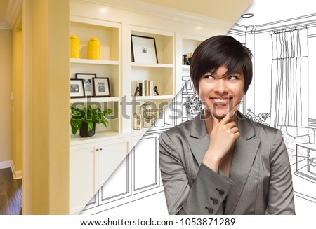 Young Woman Over Custom Built-in Shelves and Cabinets Design Drawing to Cross Section of Finished Photo.
