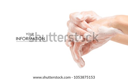 Soapy female hand foam pattern on white background isolation