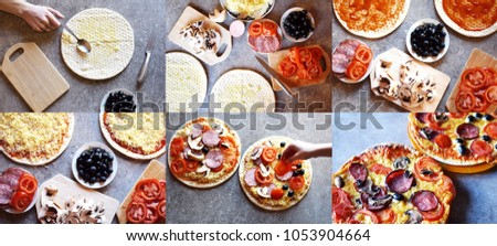 Collage of homemade pizza baking process by teenagers. Phases of making pizza in six colorful horizontal top view pictures. Concept of kids learn to cook.
