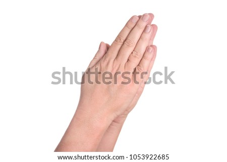 Two praying hands from right to left with bare arms - concept religion faith prayer church god Christianity Jesus Christ - isolated on white background with copy space