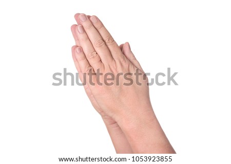 Two praying hands from left to right with bare arms - concept religion faith prayer church god Christianity Jesus Christ - isolated on white background with copy space