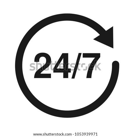 24/7 Service open 24h hours a day and 7 days a week. Flat isolated vector illustration in black on a white background. Royalty-Free Stock Photo #1053939971