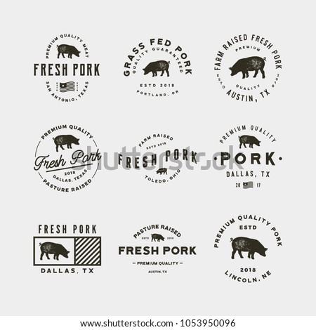 set of premium fresh pork labels. retro styled meat shop emblems, badges, design elements, logotype templates. vector illustration Royalty-Free Stock Photo #1053950096