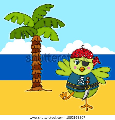 Green bird pirate on treasure island
