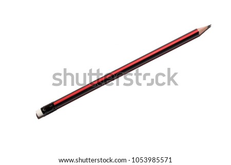 Black pencil with a red stripe and eraser on a solid white backround
