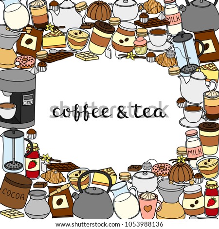 Square background with hand drawn colored coffee, tea, cocoa items and lettering. Detailed frame design. Used clipping mask.
