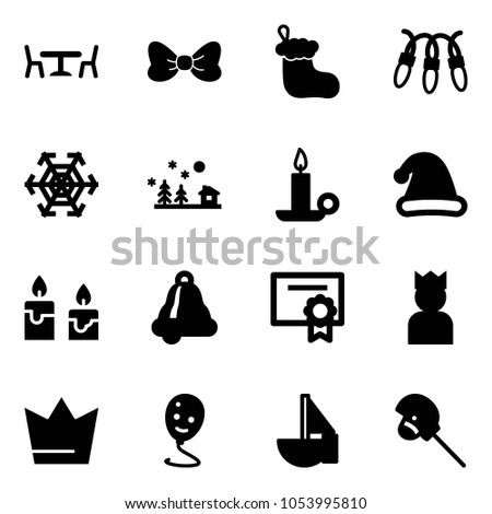 Solid vector icon set - cafe vector, bow, christmas sock, garland, snowflake, landscape, candle, hat, bell, certificate, king, crown, balloon smile, sailboat toy, horse stick