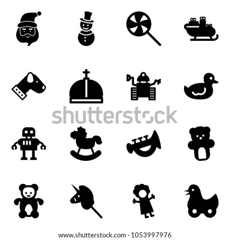 Solid vector icon set - santa claus vector, snowman, lollipop, sleigh, dog, crown, robot, duck toy, rocking horse, horn, bear, unicorn stick, doll