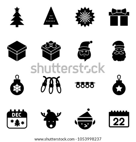 Solid vector icon set - christmas tree vector, firework, gift, santa claus, ball, garland, calendar, deer hat, elf