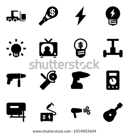 Solid vector icon set - fork loader vector, money torch, lightning, idea, bulb, tv news, business, gyroscope, drill machine, Angular grinder, multimeter, jig saw, welding, dryer, guitar
