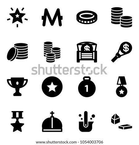 Solid vector icon set - christmas star vector, monero, coin, money chest, torch, gold cup, medal, crown, casting of steel, constructor blocks