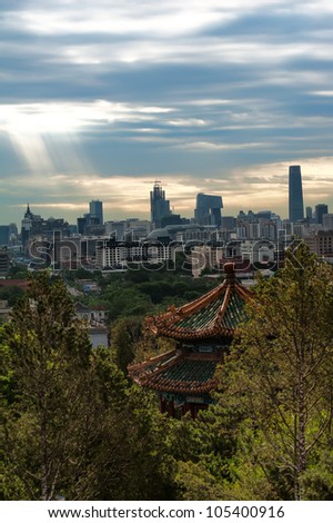 Cityscape of Beijing, a ray of sunlight pierced the clouds
