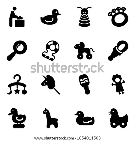 Solid vector icon set - baby room vector, duck toy, pyramid, beanbag, teethers, wheel horse, carousel, unicorn stick, doll, giraffe