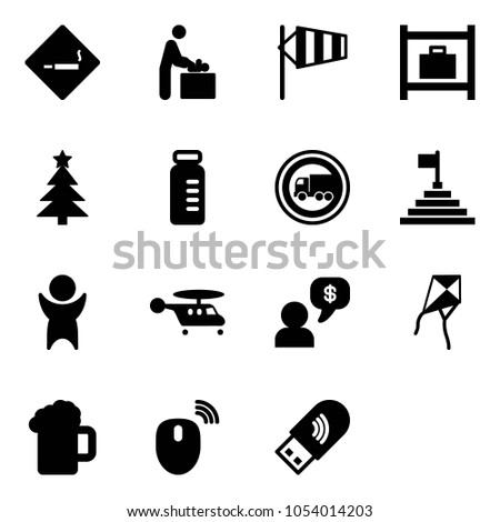 Solid vector icon set - smoking area sign vector, baby room, side wind, baggage, christmas tree, vial, no truck road, pyramid flag, success, helicopter, money dialog, kite, beer, mouse wireless