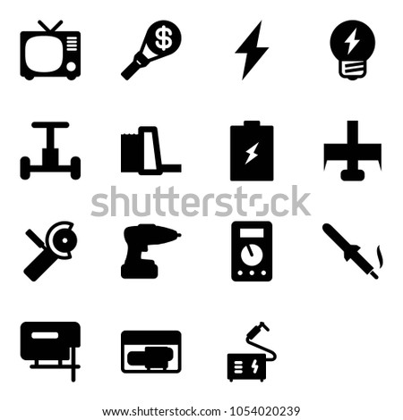 Solid vector icon set - tv vector, money torch, lightning, idea, gyroscope, water power plant, battery, milling cutter, Angular grinder, drill, multimeter, soldering iron, jig saw, generator