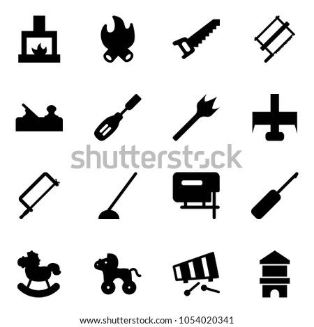 Solid vector icon set - fireplace vector, fire, saw, bucksaw, jointer, chisel, wood drill, milling cutter, metal hacksaw, hoe, jig, awl, rocking horse, wheel, xylophone, toy block house