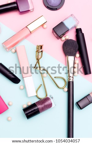 Decorative cosmetics for make-up. Flat lay
