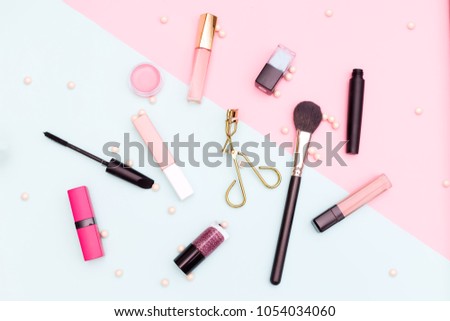 Decorative cosmetics for make-up. Flat lay