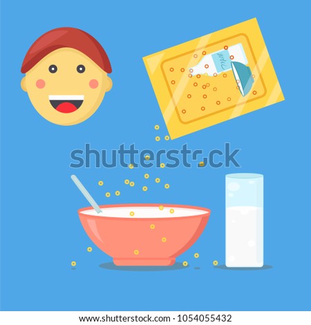 Face of happy little cute boy with breakfast cereals and plate concept. Glass with milk. Sip from the box in the dish. Modern flat style vector illustration icons. 
Isolated on blue background. 