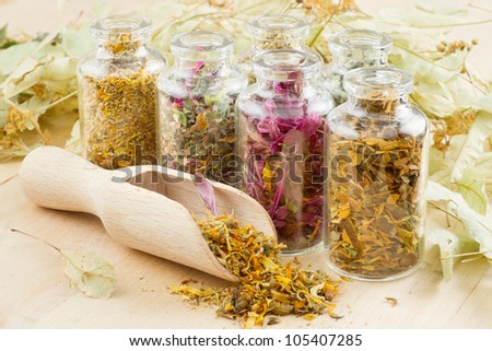 healing herbs in glass bottles, herbal medicine