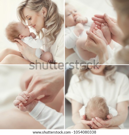 Young mother holding her newborn child. Mom nursing baby. Woman and new born boy relax. Nursery interior. Mother breast feeding baby. Family at home. Portrait of happy mother and baby. collage