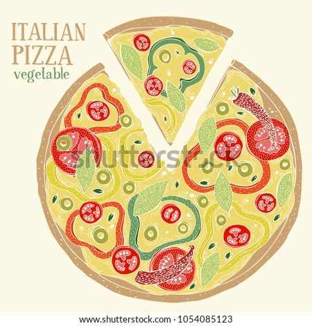 Colorful illustration of Italian Pizza Pepperoni. Hand drawn vector illustration.