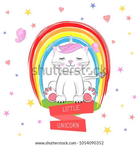 Cute kitty and inscription Little Unicorn. Hand drawn Valentines Day Greeting card with charming cat on