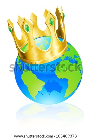 World globe wearing a crown, king of the world or champion concept