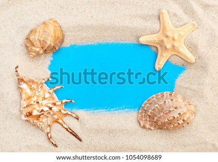Frame from sand and seashells on blue background.