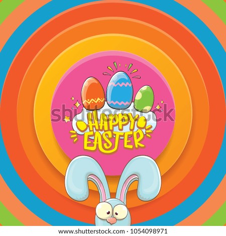 happy easter greeting card wtih bunny, calligraphic text, clouds , rainbow and color easter eggs. vector easter kids  cartoon poster or label