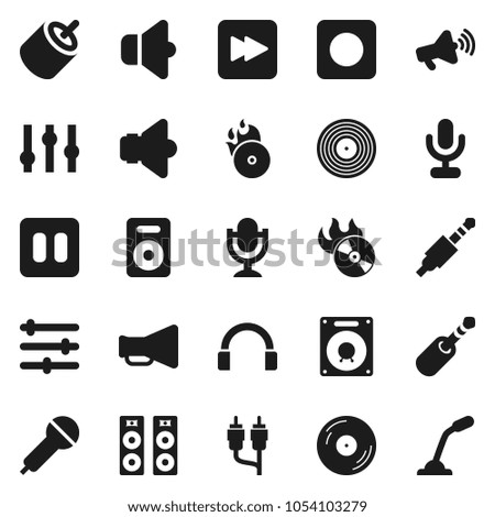 Flat vector icon set - disk vector, music hit, microphone, speaker, loudspeaker, settings, headphones, pause button, forward, rec, rca, jack, equalizer