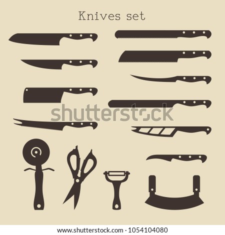Kitchen knife set on beige background. Vector illustration.