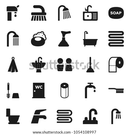 Flat vector icon set - soap vector, plunger, water tap, fetlock, towel, bath, toilet, brush, paper, shower, closet, sink, supply