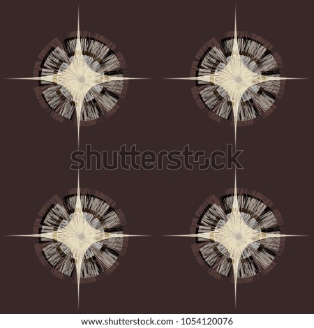 Vector seamless pattern on a dark brown background abstract patterns stylized as a round brush and a sign of the sides of the world. Pure journey.