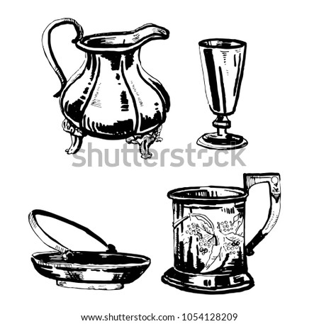 Vector hand drawn outline black and white ink set of old decorative metal utensils 