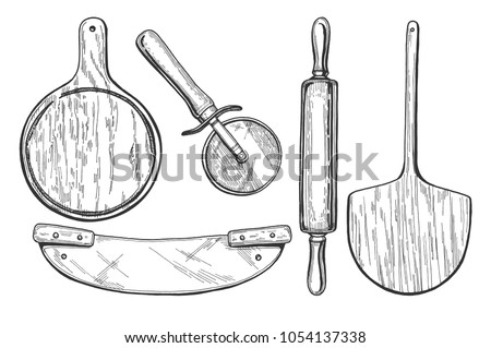 Vector illustration of pizza making tools. Board, mezzaluna or rocker knife, cutter, rolling pin. Vintage hand drawn engraving style.