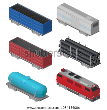 Vector illustration of freight train set, isolated illustration, tanks, pipe, wood.