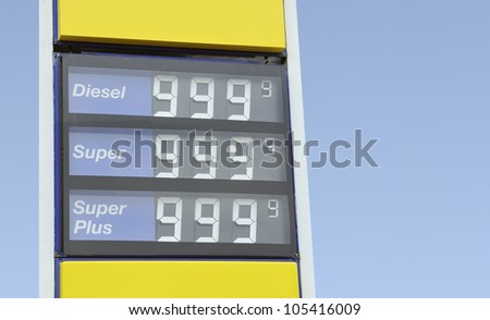 High gasoline prices concept with service station signage showing 999