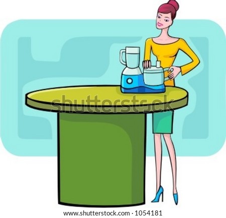 A vector illustration of a red-haired shopping girl looking at a food processor.