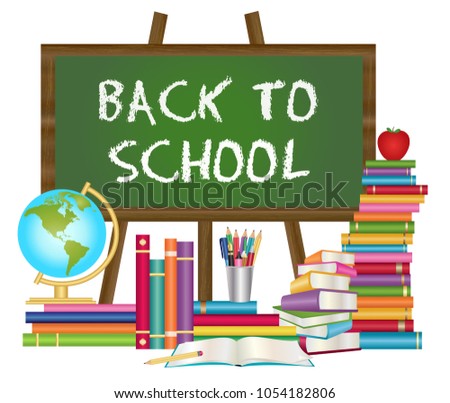 Back to school poster icon with wooden chalkboard, books, tin of pencils, world globe and apple.