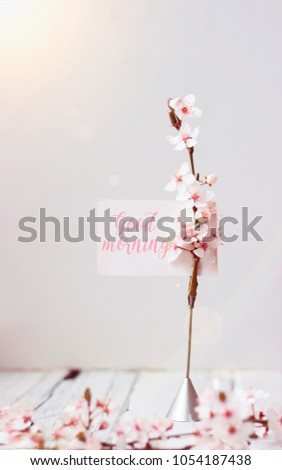 Wild cherry flowers and note holder with "good morning' text, on white wooden background